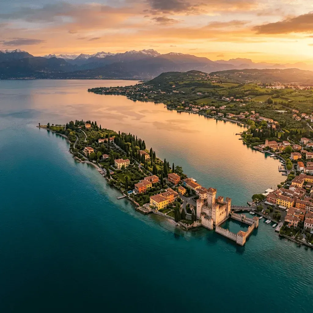 Aerial panoramic view of the Sirmione peninsula on Lake Garda, Italy, with Scaliger Castle and Alpine mountains in the background