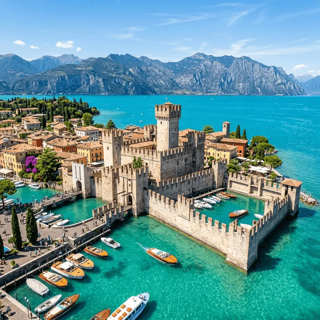 Scenic view of Sirmione Scaliger Castle on Lake Garda, Italy